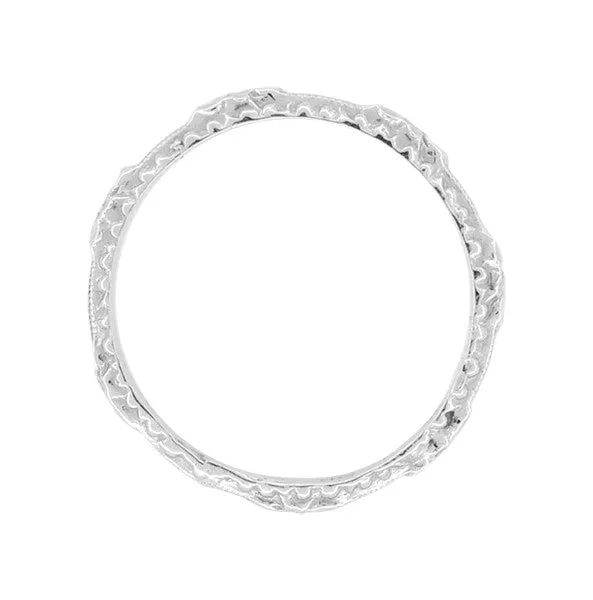 Edwardian Engraved Beads and Flowers Wedding Ring in 14 Karat White Gold