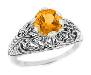 Edwardian Filigree 1 Carat Citrine Promise Ring in Sterling Silver