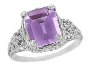 Edwardian Filigree Emerald Cut Amethyst Ring in Sterling Silver