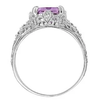Edwardian Filigree Emerald Cut Amethyst Ring in Sterling Silver