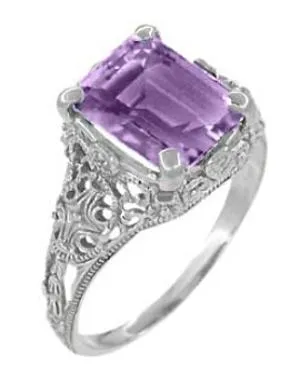 Edwardian Filigree Emerald Cut Amethyst Ring in Sterling Silver