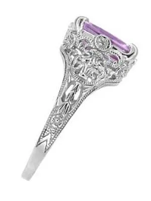 Edwardian Filigree Emerald Cut Amethyst Ring in Sterling Silver