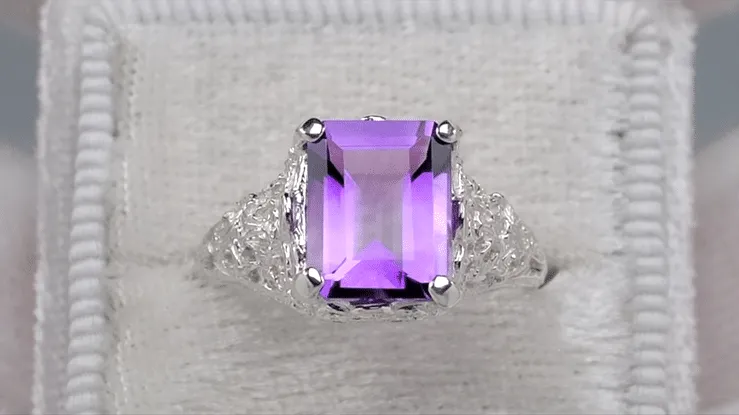 Edwardian Filigree Emerald Cut Amethyst Ring in Sterling Silver