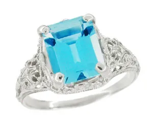 Edwardian Filigree Emerald Cut Swiss Blue Topaz Ring in 14 Karat White Gold