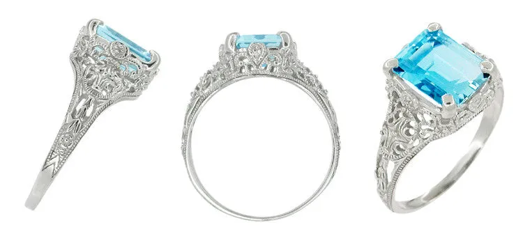 Edwardian Filigree Emerald Cut Swiss Blue Topaz Ring in 14 Karat White Gold
