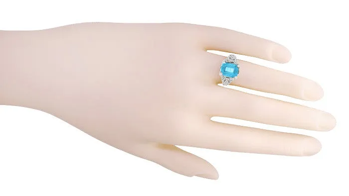 Edwardian Filigree Emerald Cut Swiss Blue Topaz Ring in 14 Karat White Gold