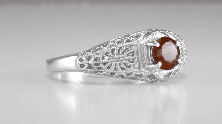 Edwardian Filigree Flowers Almandite Garnet Dome Engagement Ring in 14 Karat White Gold
