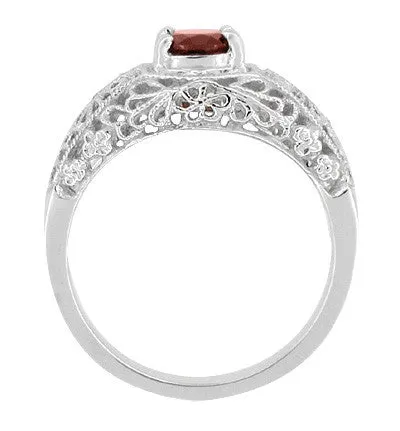 Edwardian Filigree Flowers Almandite Garnet Dome Engagement Ring in 14 Karat White Gold