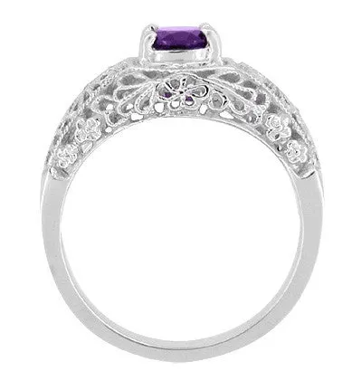 Edwardian Filigree Flowers Amethyst Dome Promise Ring in Sterling Silver