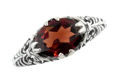 Edwardian Filigree Oval Almandine Garnet Promise Ring in Sterling Silver