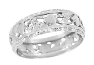 Edwardian Flowers and Hearts Scalloped Filigree Wedding Band in 14 Karat White Gold