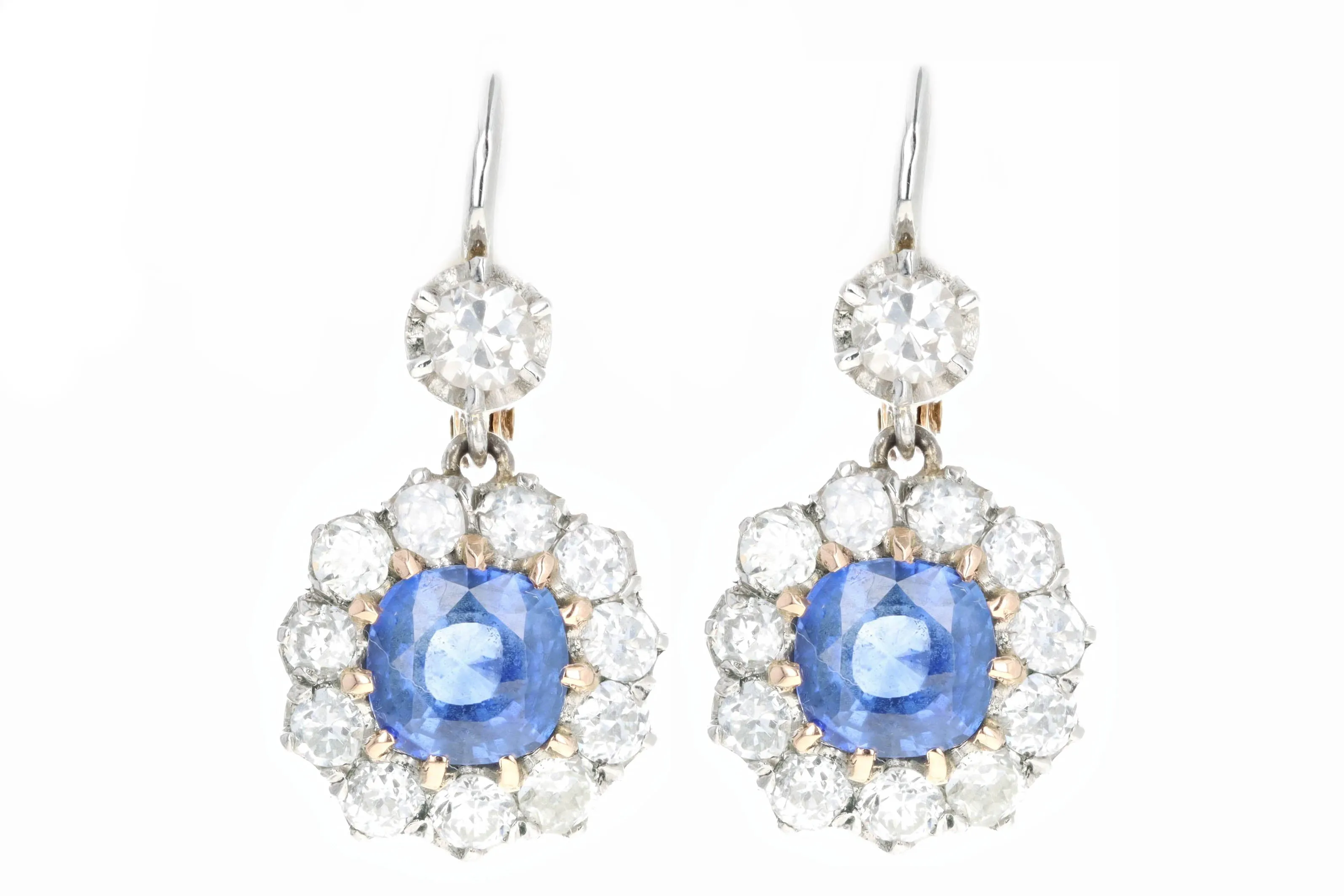 Edwardian Inspired 18K Yellow Gold & Platinum Cushion Cut Natural Sapphire & Old European Cut Diamond Drop Earrings