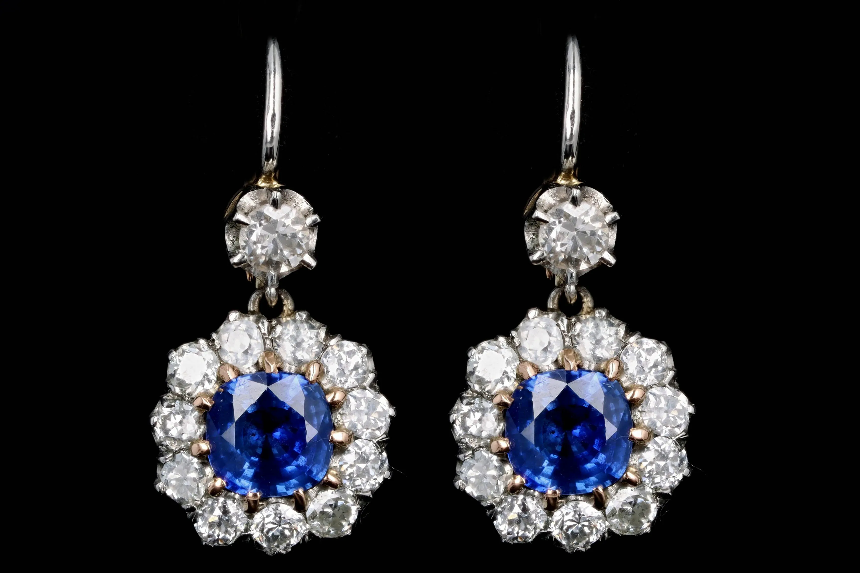 Edwardian Inspired 18K Yellow Gold & Platinum Cushion Cut Natural Sapphire & Old European Cut Diamond Drop Earrings