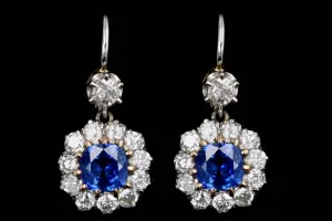 Edwardian Inspired 18K Yellow Gold & Platinum Cushion Cut Natural Sapphire & Old European Cut Diamond Drop Earrings