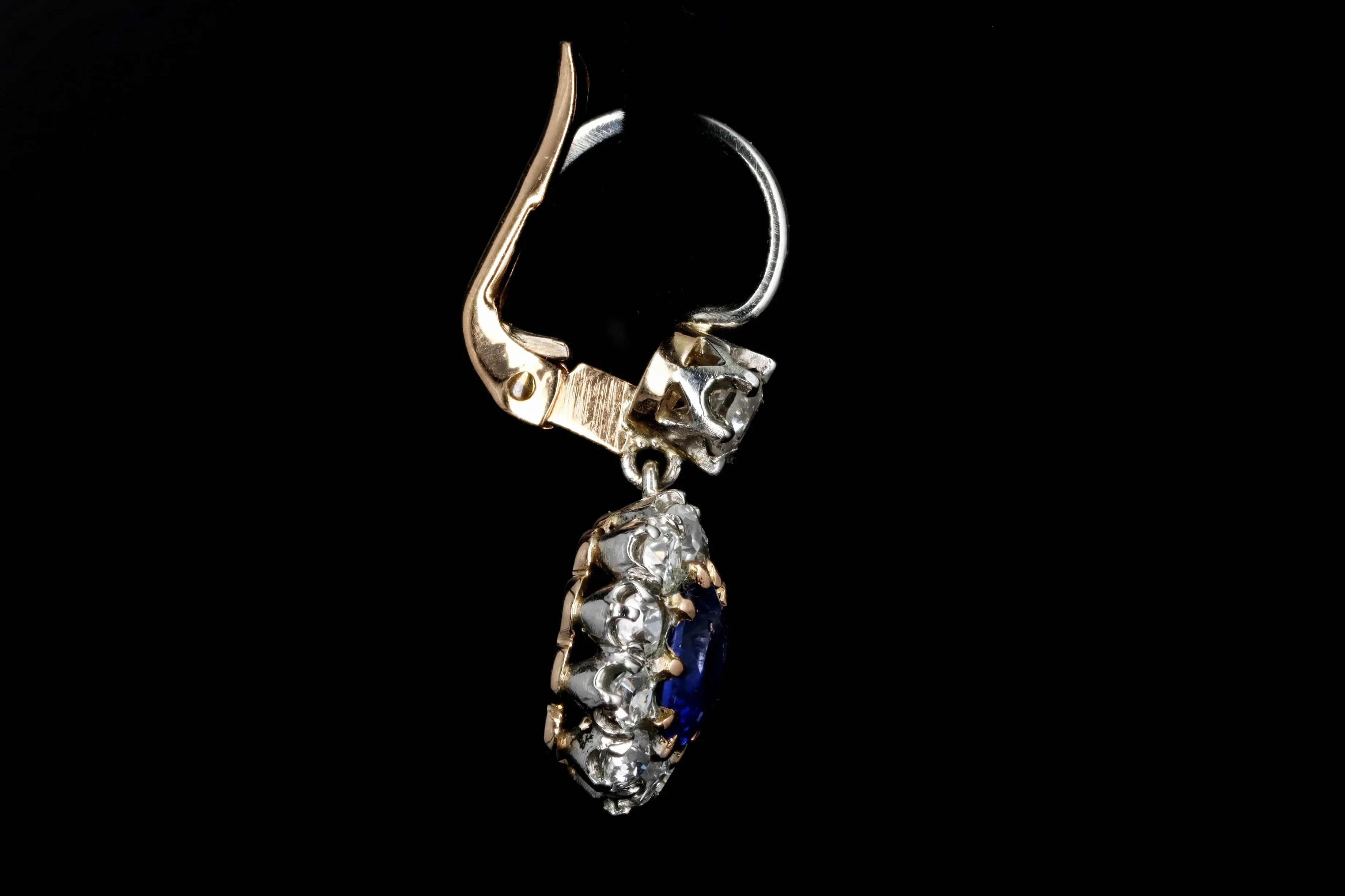Edwardian Inspired 18K Yellow Gold & Platinum Cushion Cut Natural Sapphire & Old European Cut Diamond Drop Earrings