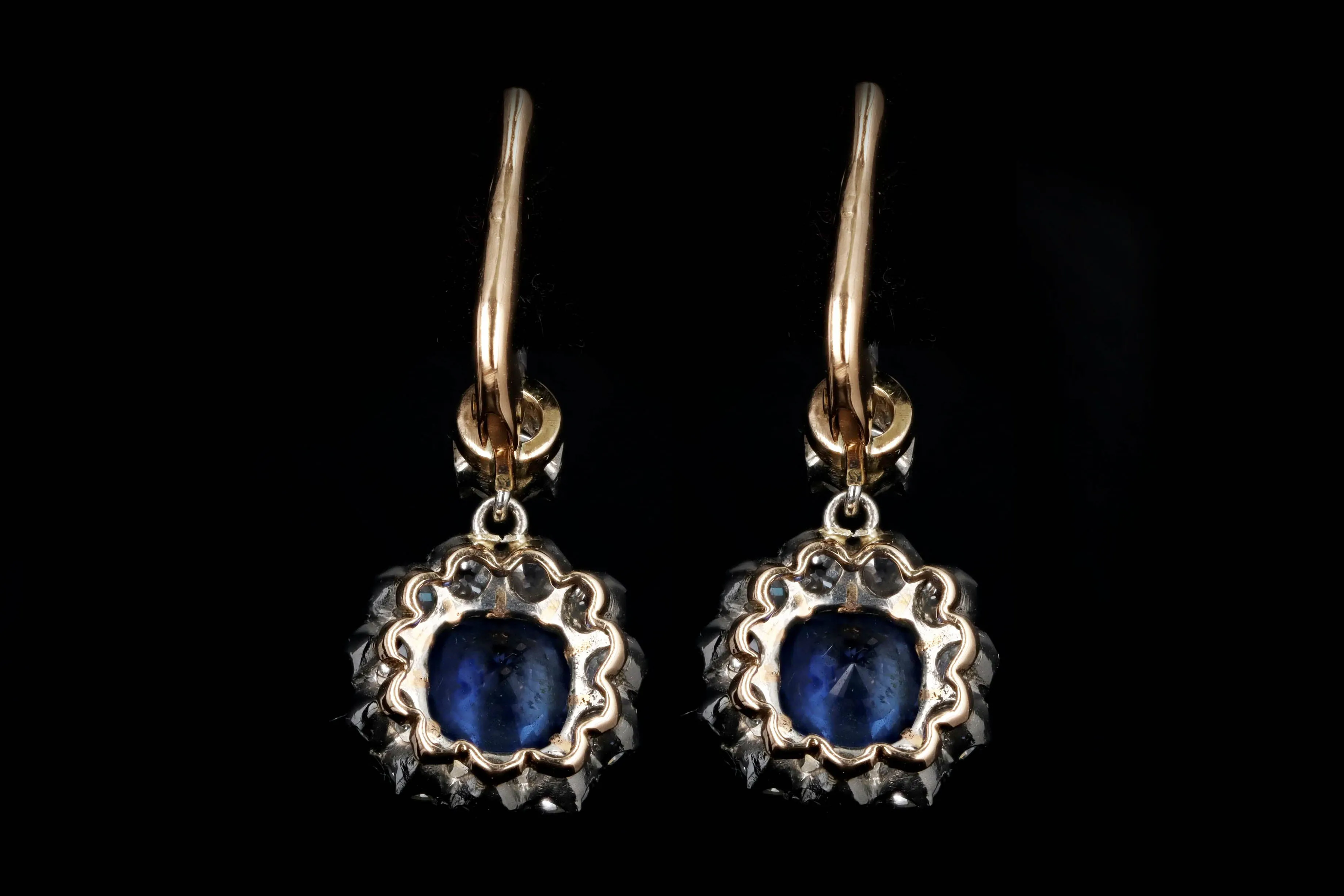 Edwardian Inspired 18K Yellow Gold & Platinum Cushion Cut Natural Sapphire & Old European Cut Diamond Drop Earrings