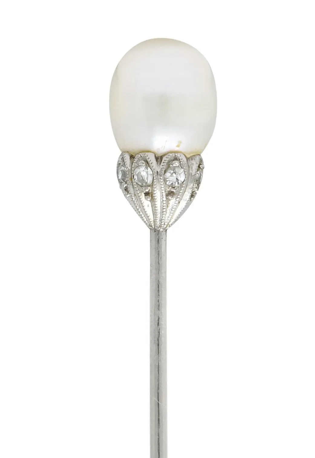 Edwardian Natural Freshwater Pearl Diamond Platinum Stickpin GIA