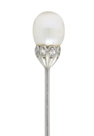 Edwardian Natural Freshwater Pearl Diamond Platinum Stickpin GIA