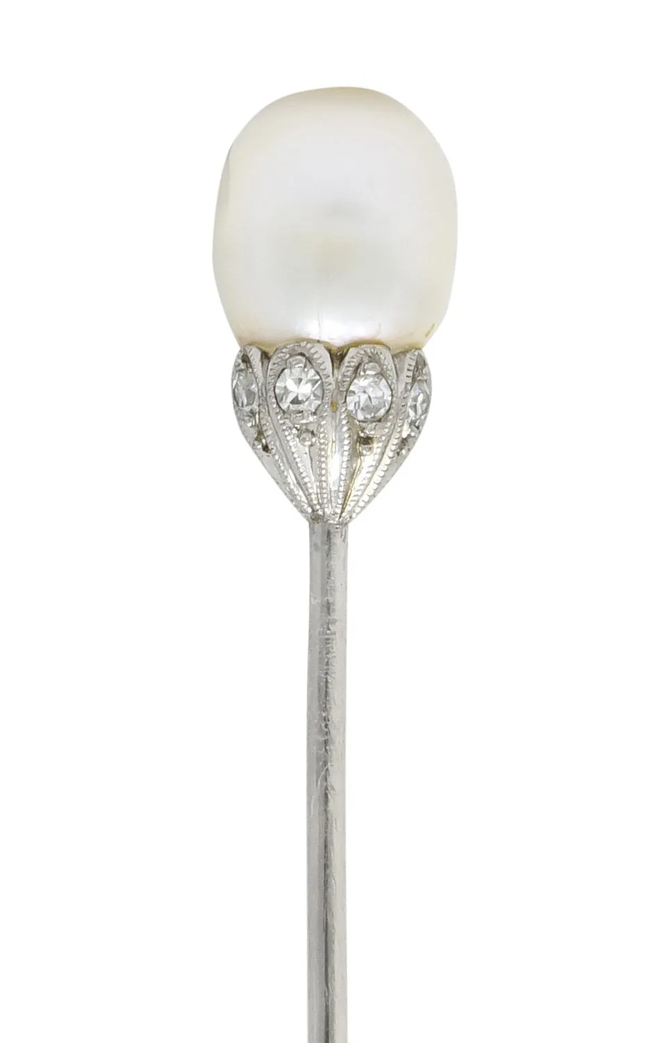 Edwardian Natural Freshwater Pearl Diamond Platinum Stickpin GIA