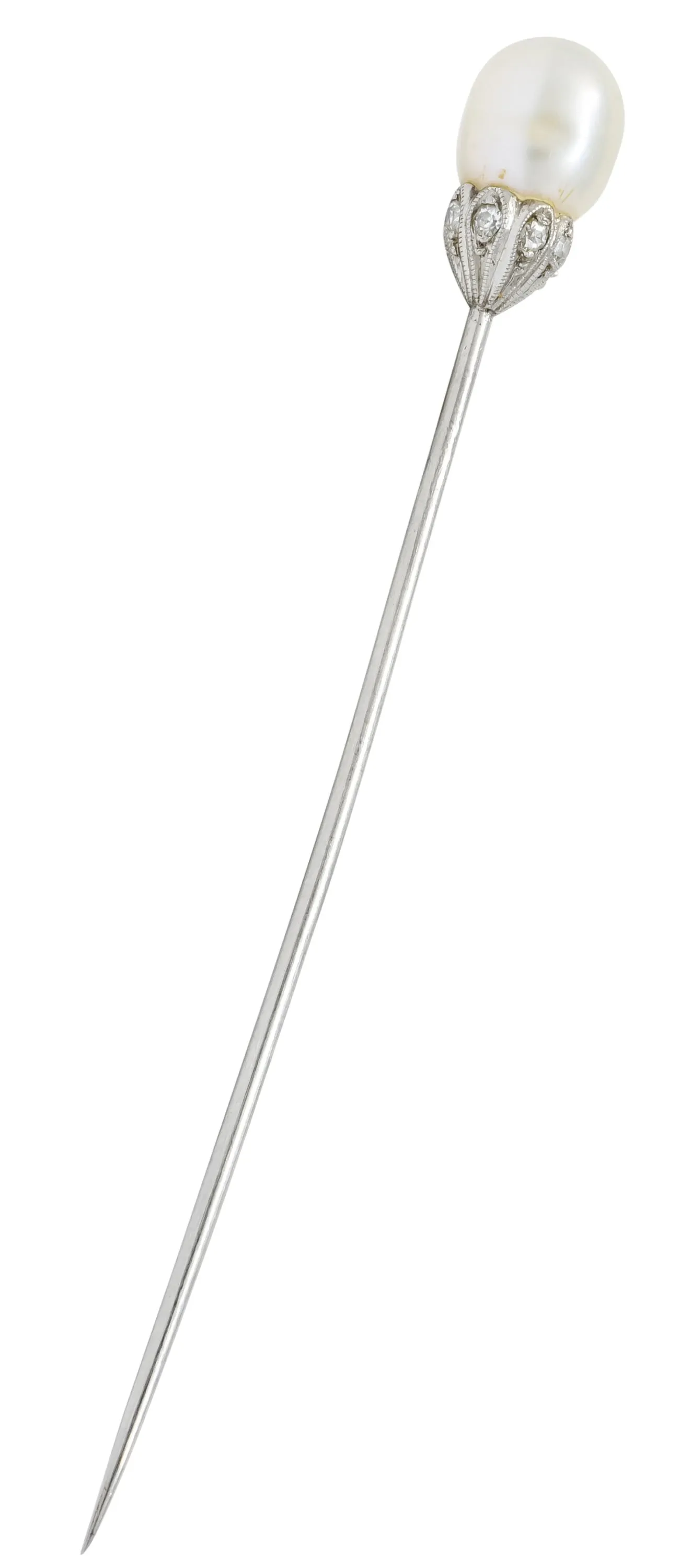 Edwardian Natural Freshwater Pearl Diamond Platinum Stickpin GIA