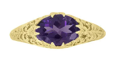 Edwardian Oval Amethyst Filigree Ring in 14 Karat Yellow Gold