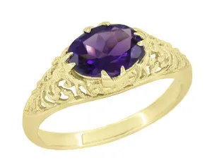 Edwardian Oval Amethyst Filigree Ring in 14 Karat Yellow Gold
