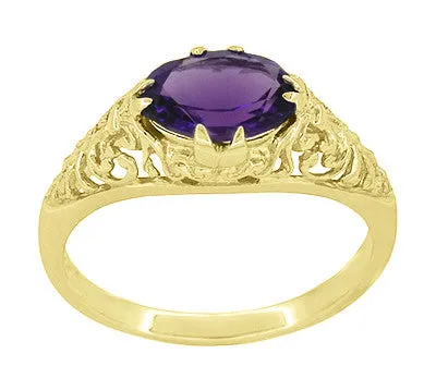 Edwardian Oval Amethyst Filigree Ring in 14 Karat Yellow Gold