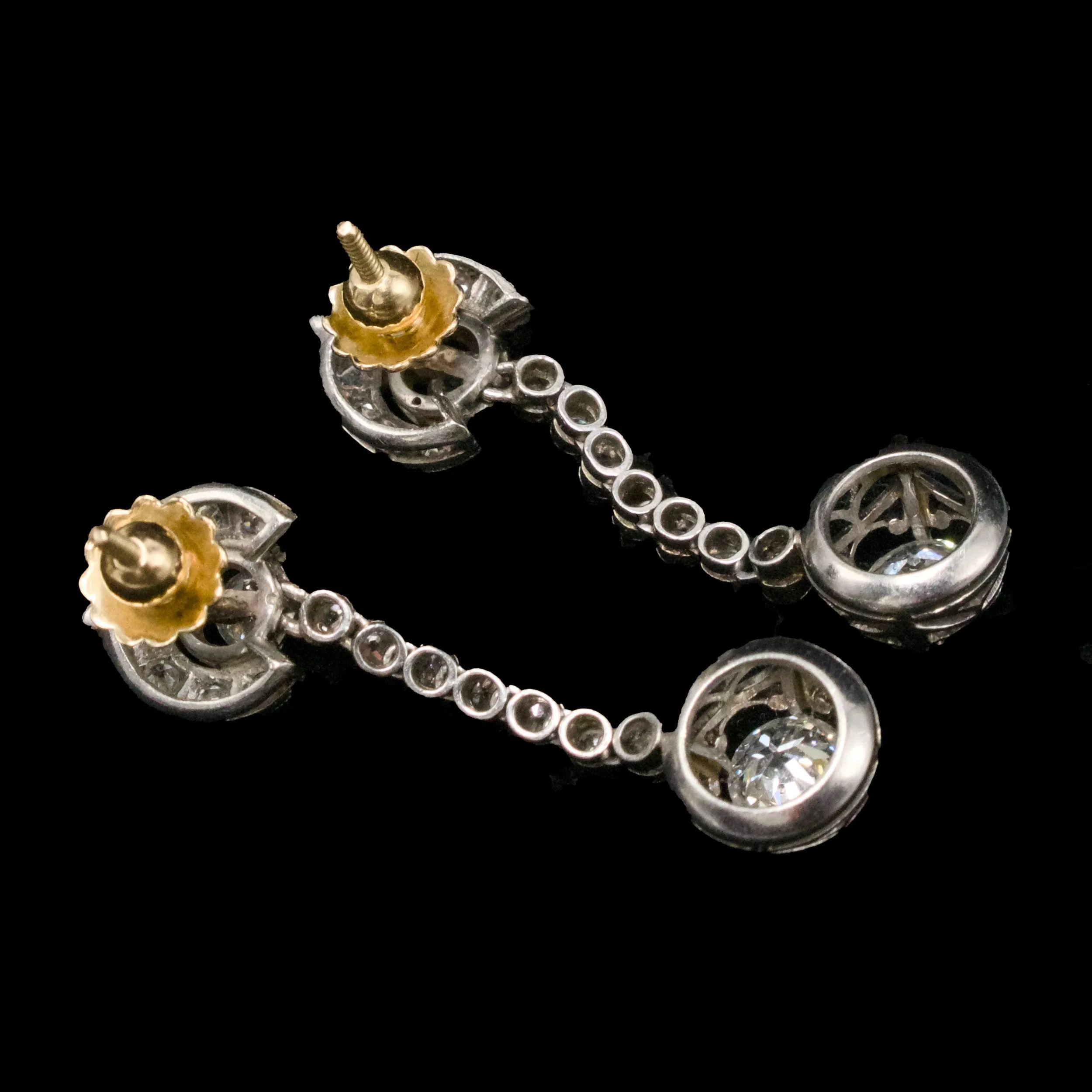 Edwardian Platinum and 18K Yellow Gold Diamond Drop Earrings