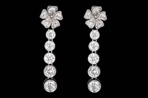Edwardian Platinum Old European Cut Diamond Flower Drop Earrings
