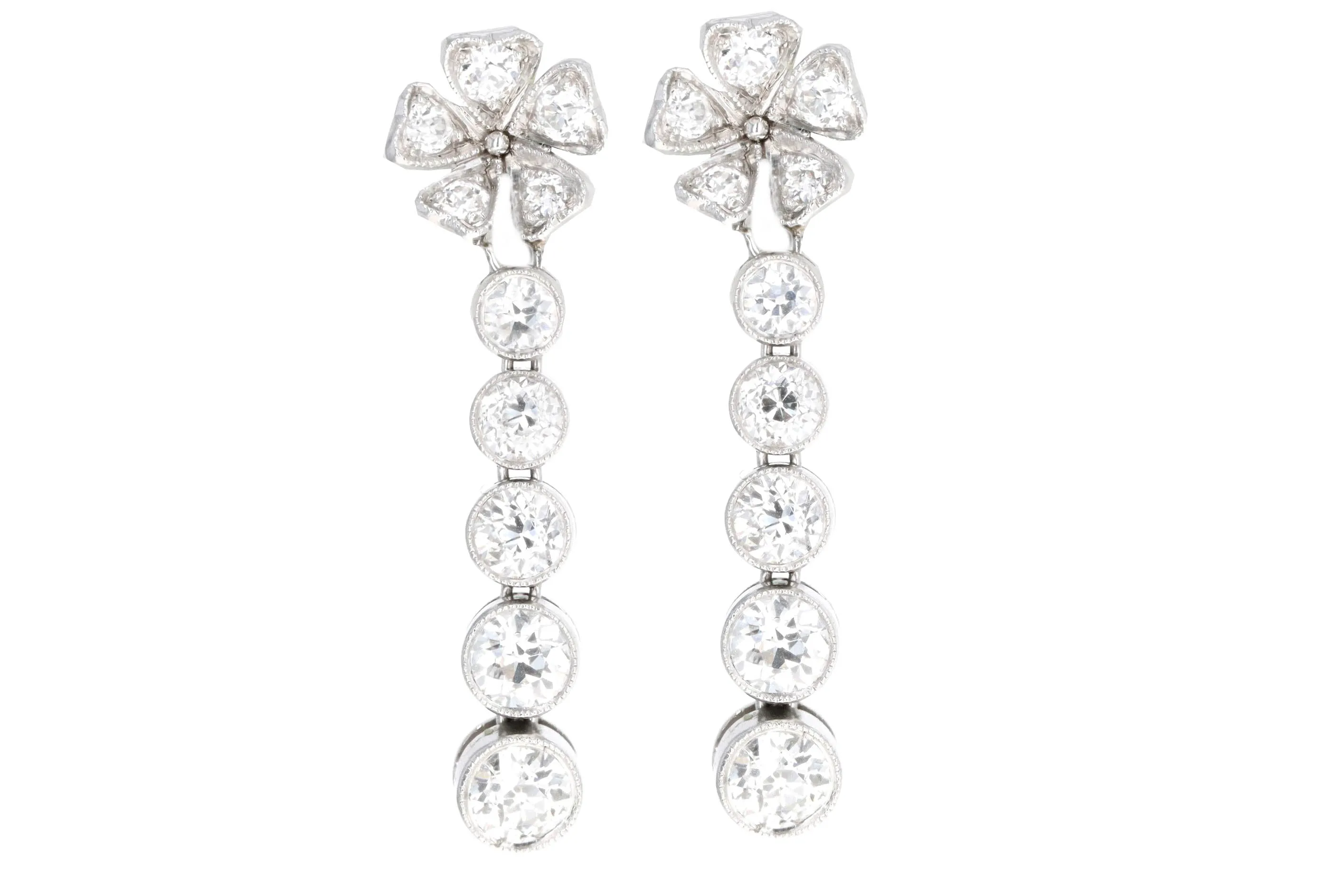 Edwardian Platinum Old European Cut Diamond Flower Drop Earrings