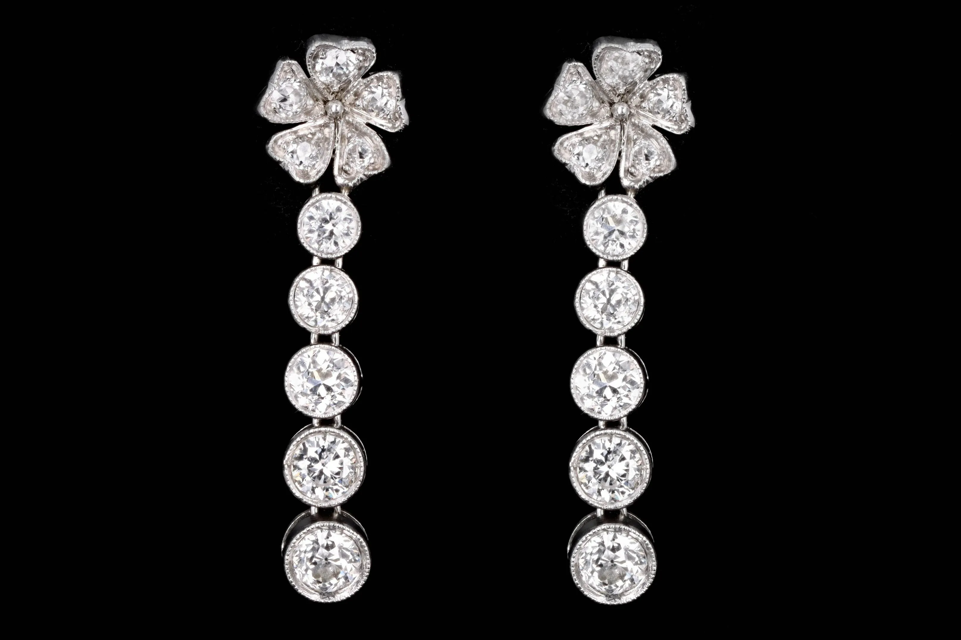 Edwardian Platinum Old European Cut Diamond Flower Drop Earrings