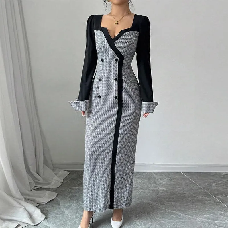 Elegant Contrast Panel Square Neck Long-Sleeve Maxi Dress for Timeless Sophistication
