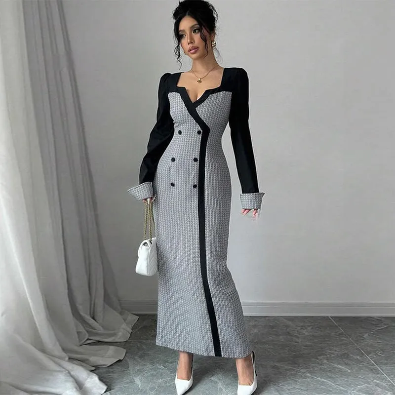 Elegant Contrast Panel Square Neck Long-Sleeve Maxi Dress for Timeless Sophistication