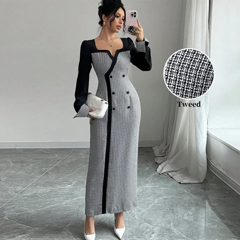Elegant Contrast Panel Square Neck Long-Sleeve Maxi Dress for Timeless Sophistication