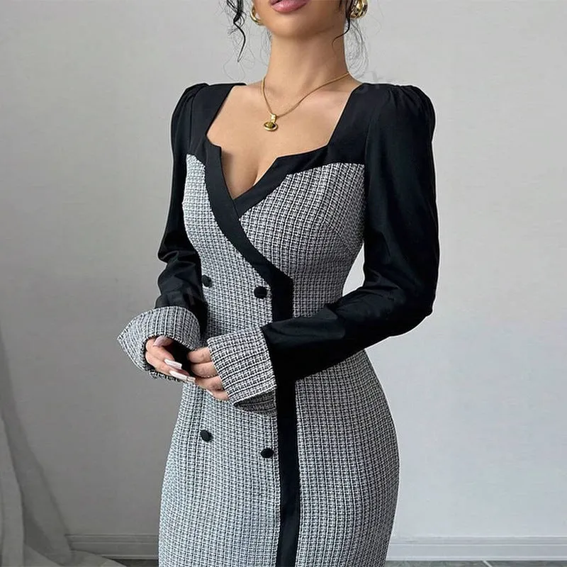 Elegant Contrast Panel Square Neck Long-Sleeve Maxi Dress for Timeless Sophistication