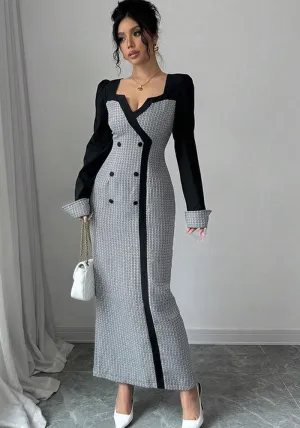 Elegant Contrast Panel Square Neck Long-Sleeve Maxi Dress for Timeless Sophistication