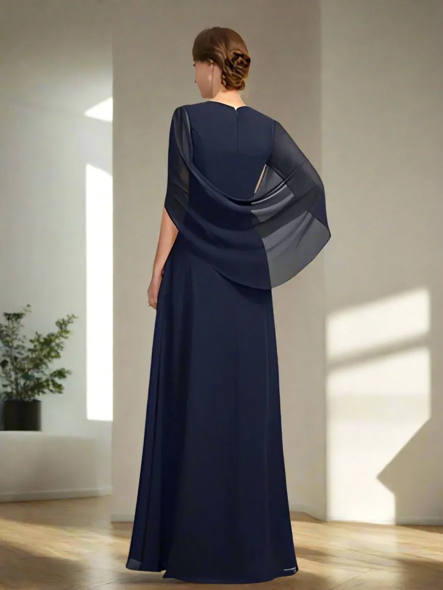Elegant Dark Navy A-Line Half Sleeves V Neck Mother of The Bride Dresses