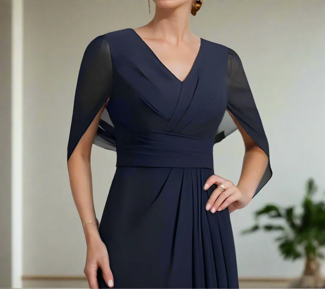 Elegant Dark Navy A-Line Half Sleeves V Neck Mother of The Bride Dresses
