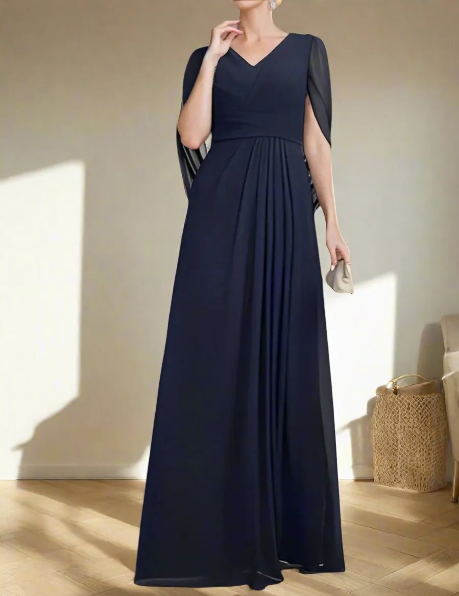 Elegant Dark Navy A-Line Half Sleeves V Neck Mother of The Bride Dresses