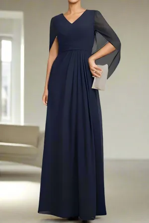 Elegant Dark Navy A-Line Half Sleeves V Neck Mother of The Bride Dresses