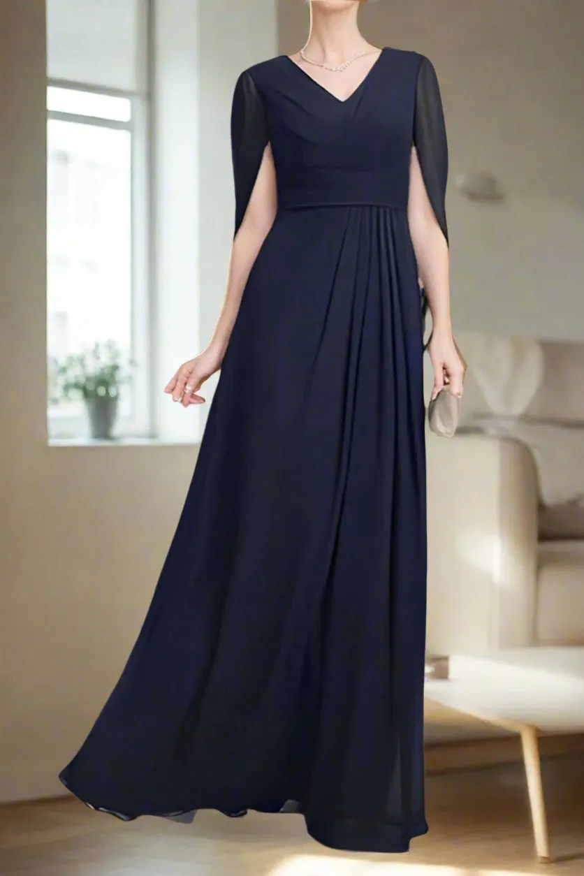 Elegant Dark Navy A-Line Half Sleeves V Neck Mother of The Bride Dresses