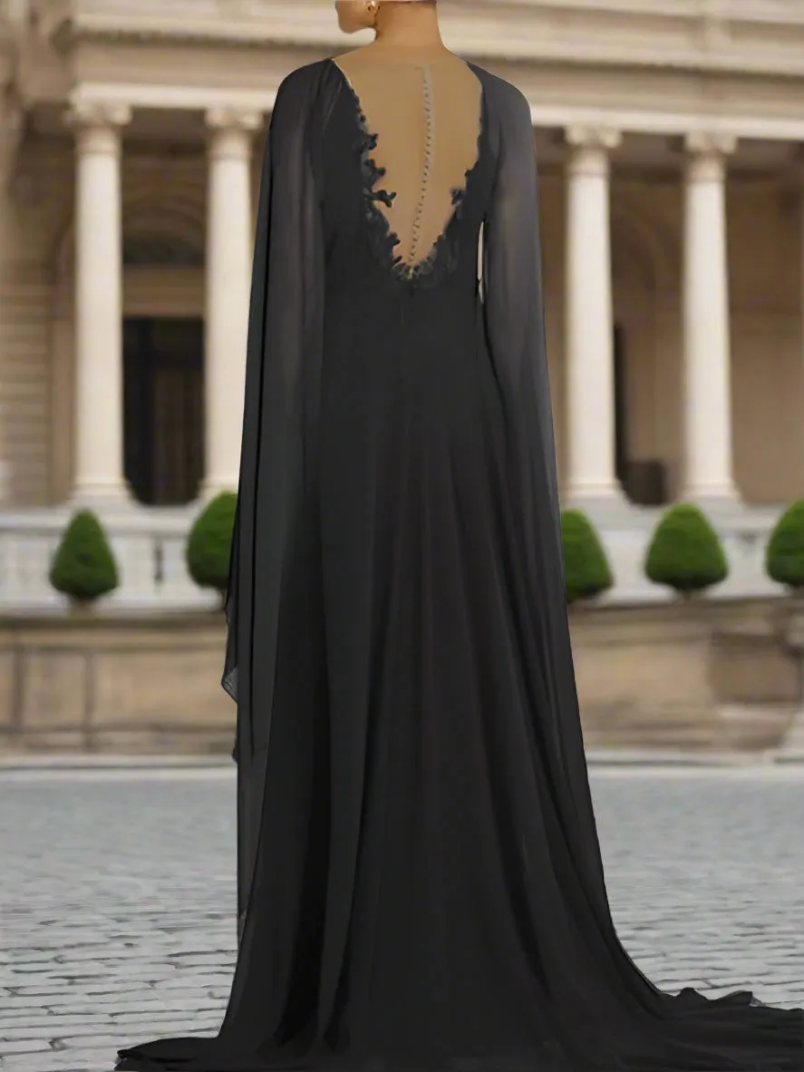 Elegant V Neck Black Chiffon A Line Wedding Guest Dress