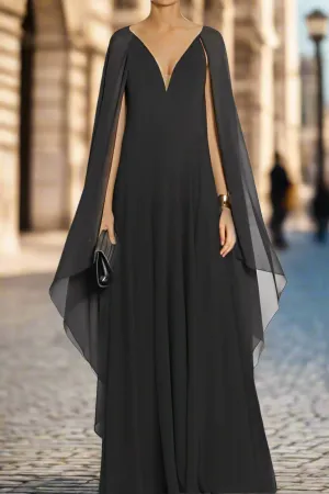 Elegant V Neck Black Chiffon A Line Wedding Guest Dress