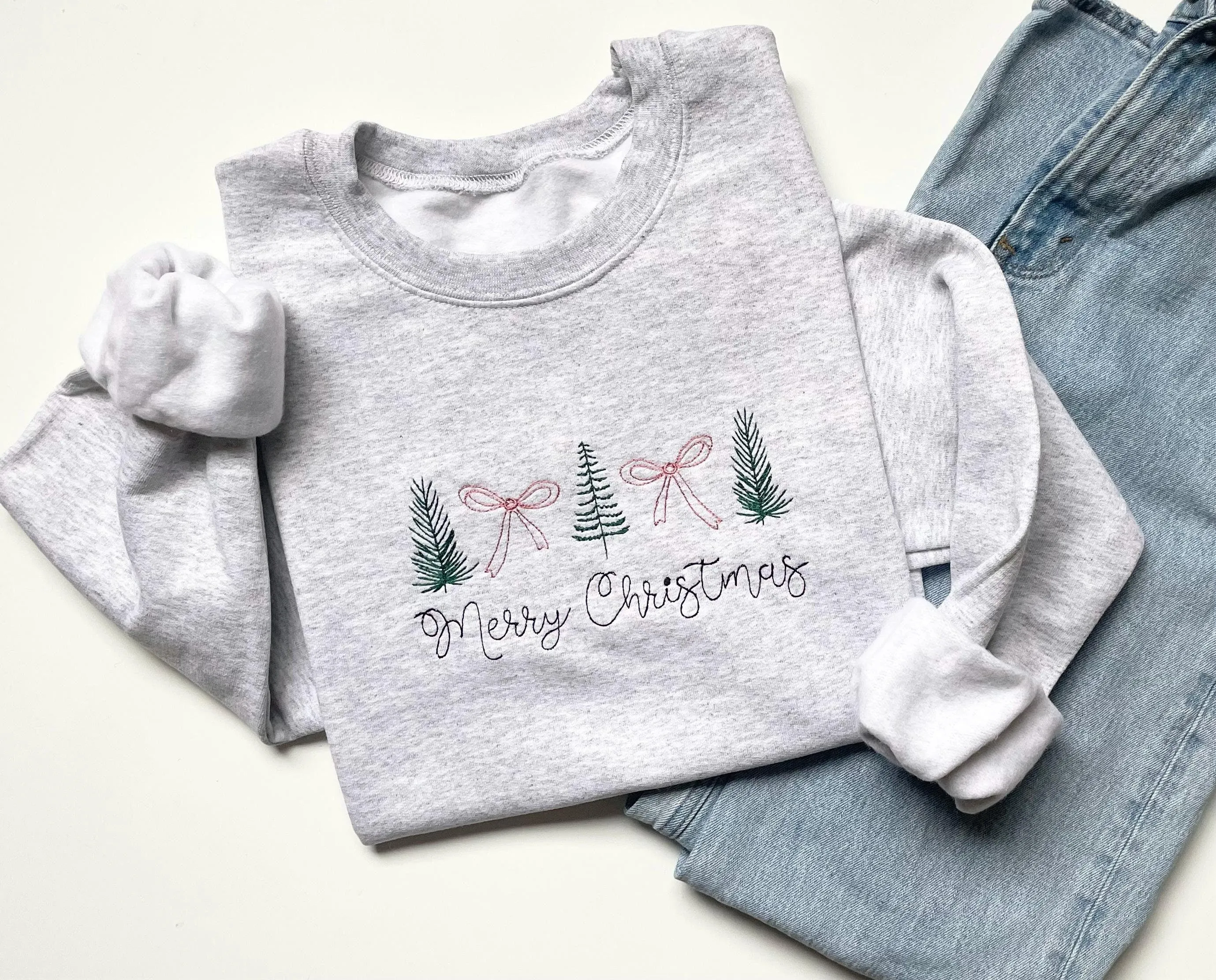 Embroidered Merry Christmas Sweatshirt - Christmas Gift for Her - Women's Festive Christmas Sweater