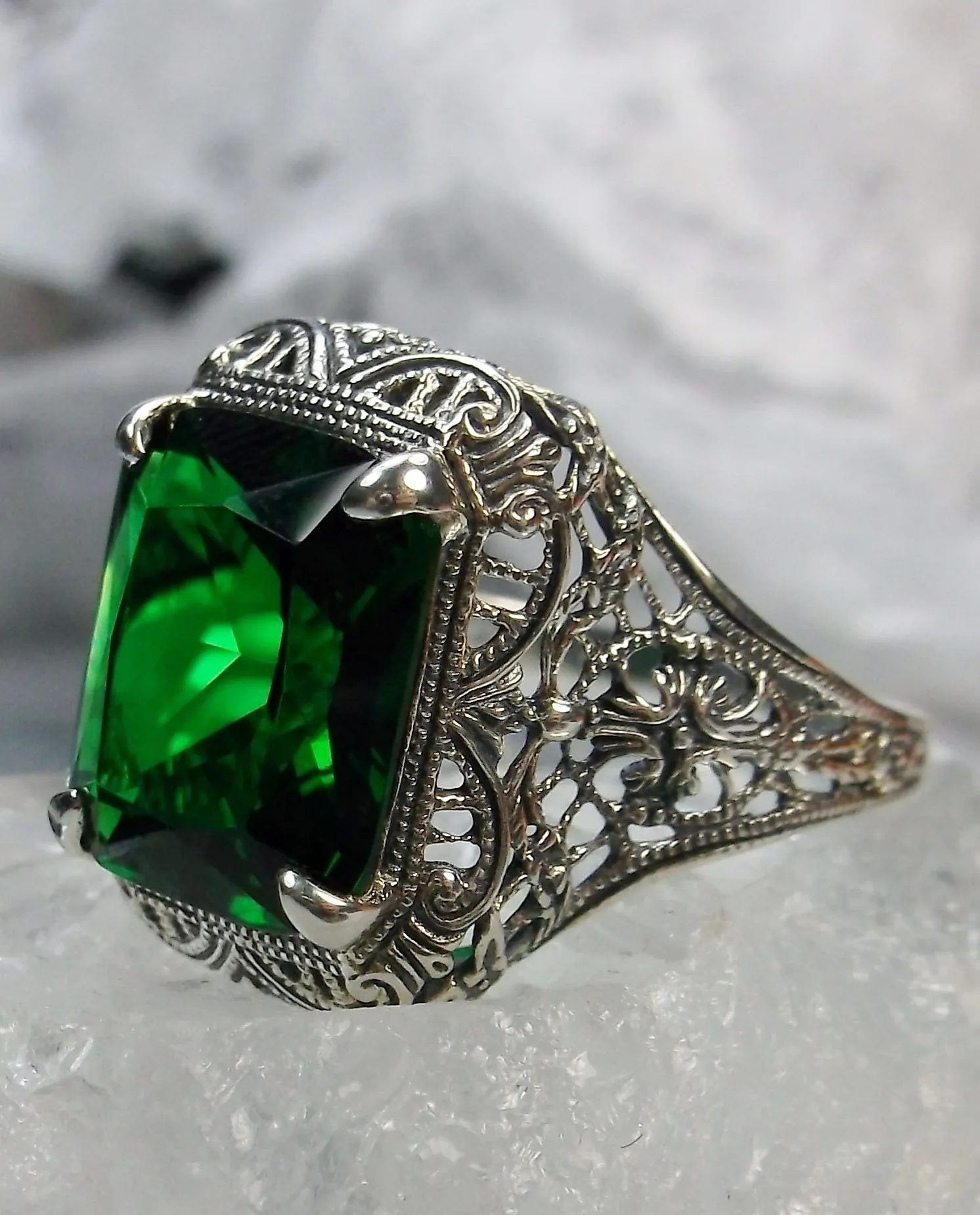 Emerald Autumn Ring, Rectangle Gem, Vintage Jewelry #D200