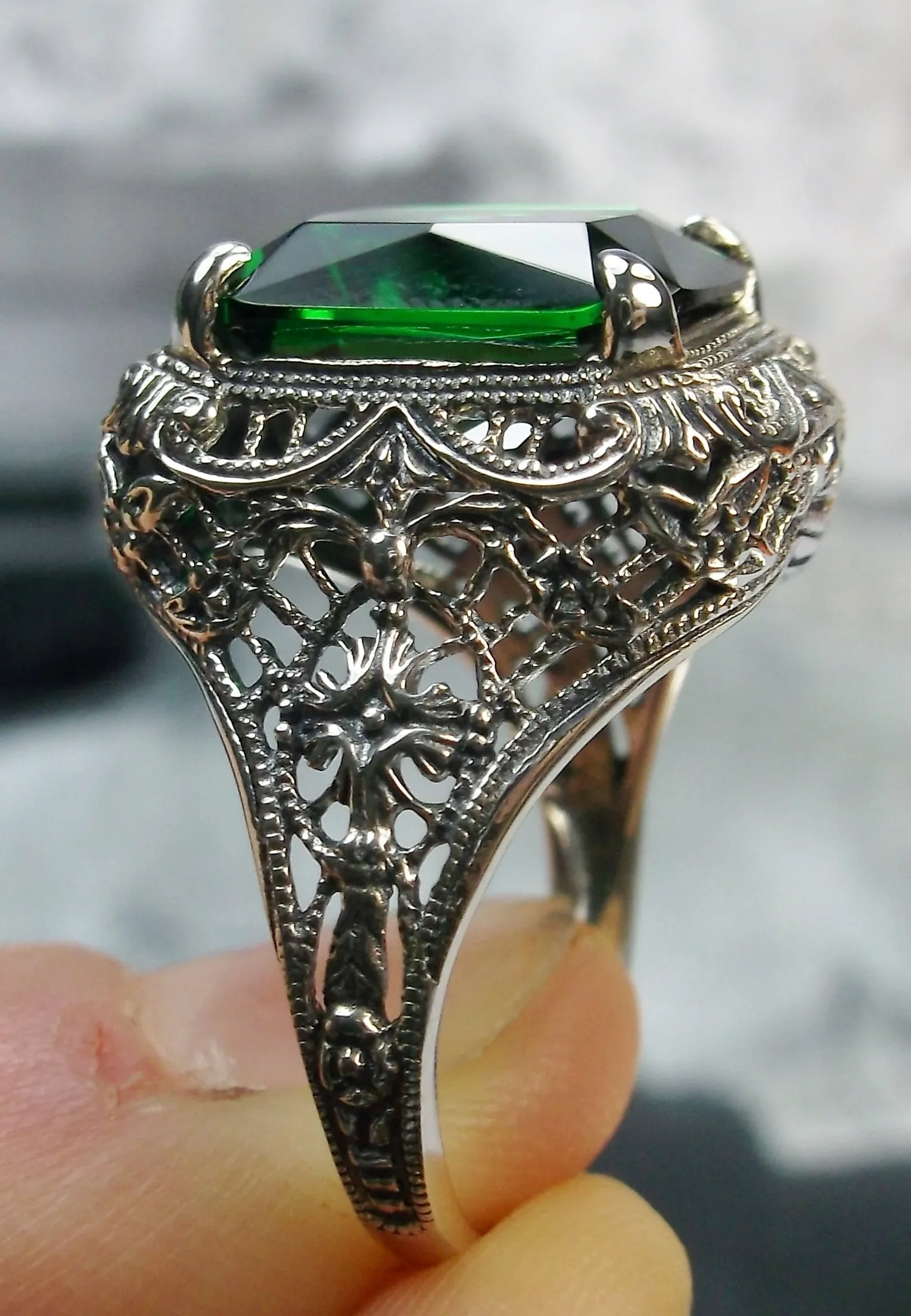 Emerald Autumn Ring, Rectangle Gem, Vintage Jewelry #D200