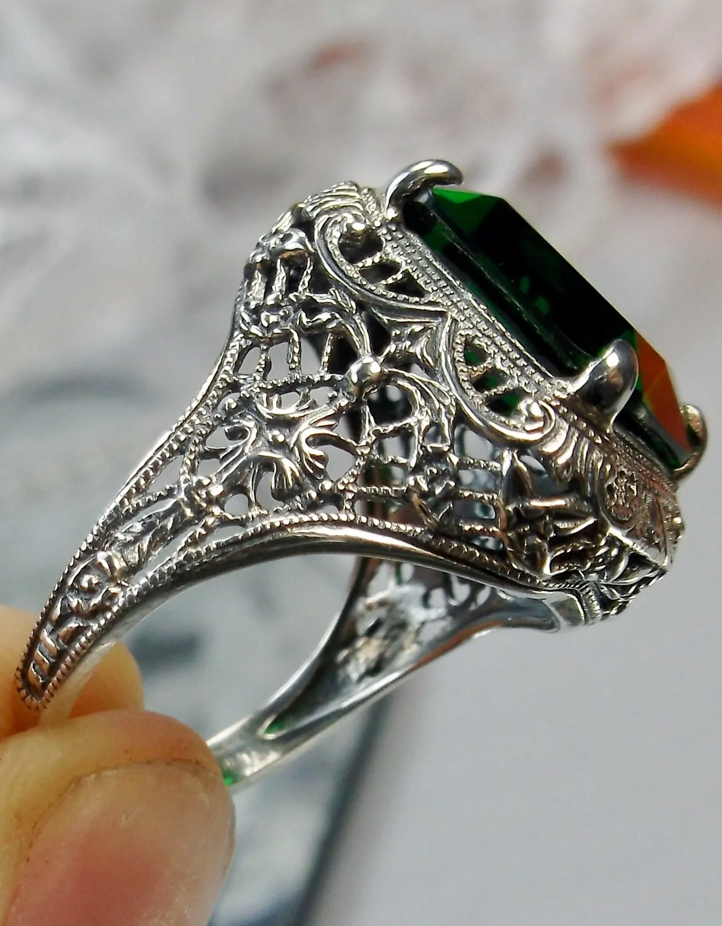 Emerald Autumn Ring, Rectangle Gem, Vintage Jewelry #D200