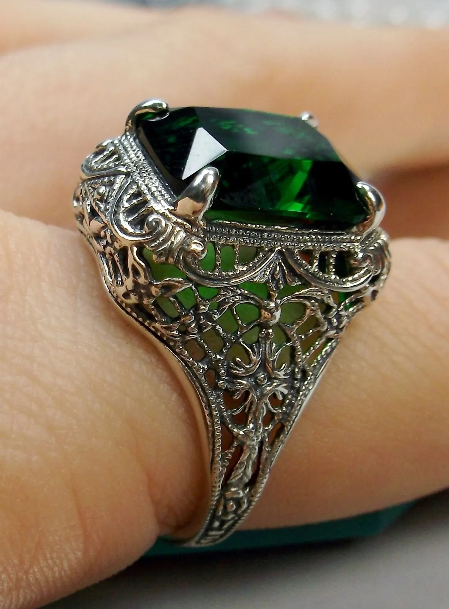 Emerald Autumn Ring, Rectangle Gem, Vintage Jewelry #D200