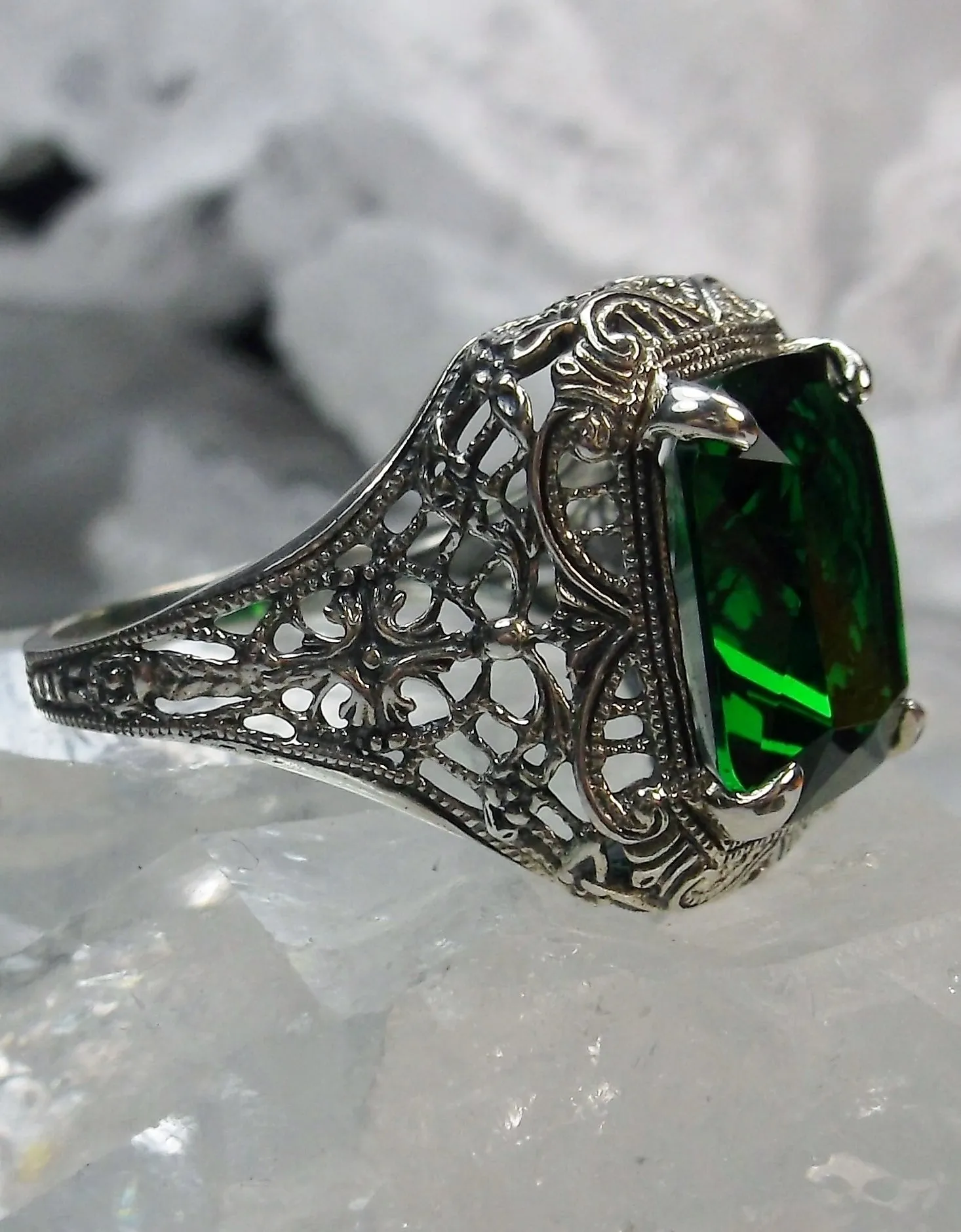 Emerald Autumn Ring, Rectangle Gem, Vintage Jewelry #D200