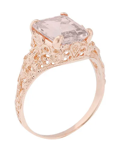 Emerald Cut Morganite Edwardian Filigree Engagement Ring in 14 Karat Rose ( Pink ) Gold